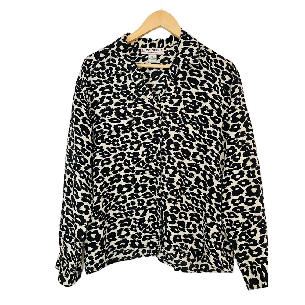 alfred sung silk vintage  Black and White Animal Print Shirt blouse size 14 xl